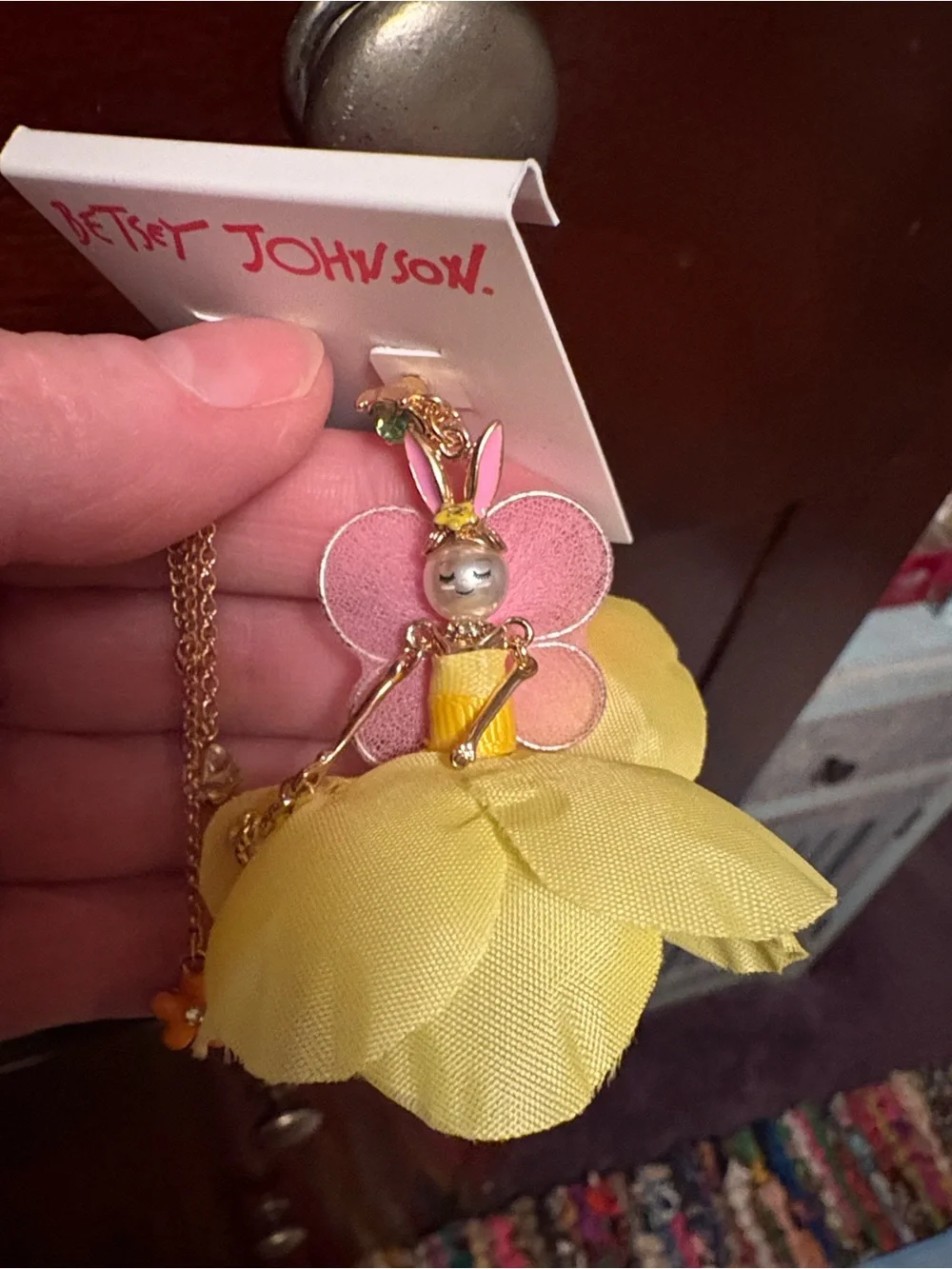 RARE Betsey Johnson Yellow Bunny Doll Asymmetric Drop Earrings with Green Studs